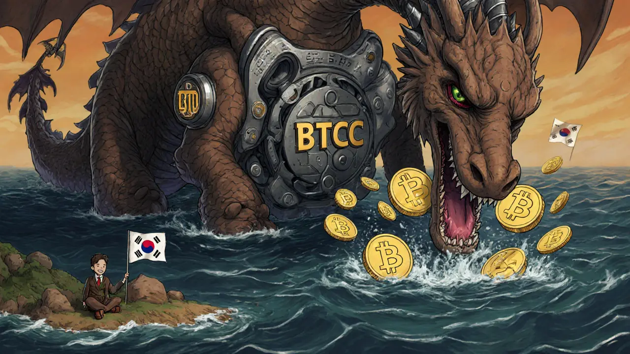 A mechanical dragon representing BTCC&#039;s trading engine dominating a liquidity ocean, overshadowing Korean exchanges.