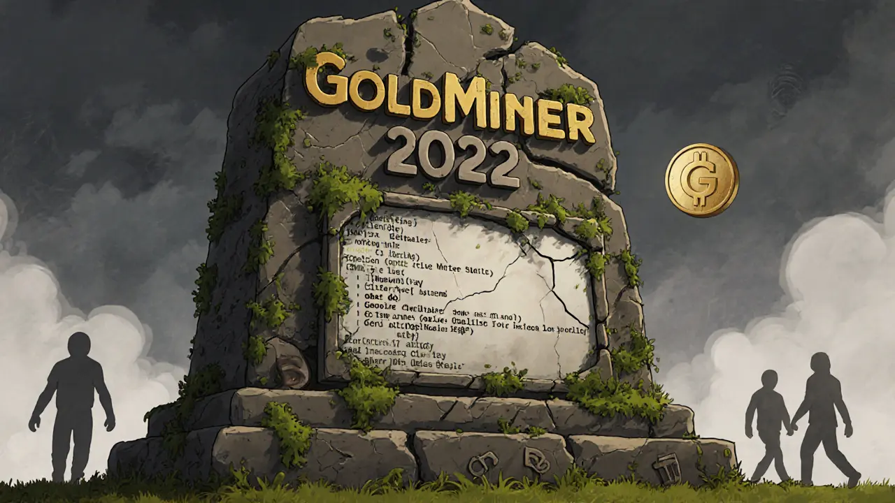 A ruined monument to GoldMiner covered in digital vines with a frozen GitHub log
