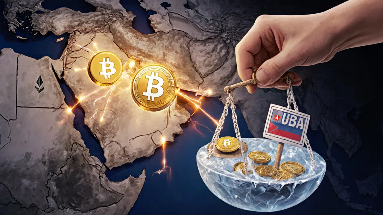 A symbolic crypto battlefield map where Syria thrives with digital connections and Cuba is frozen in isolation under U.S. sanctions.