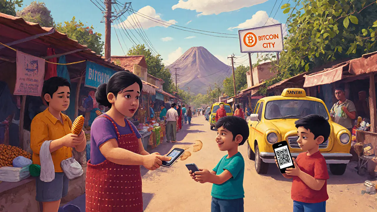 A vibrant street market in El Salvador where vendors accept Bitcoin payments using QR codes on phones.