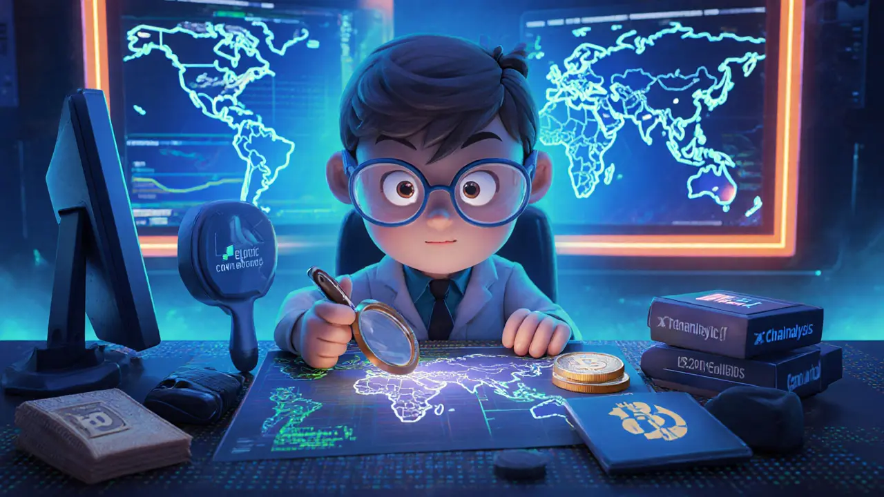 An analyst traces a crypto transaction through multiple addresses using forensic tools.