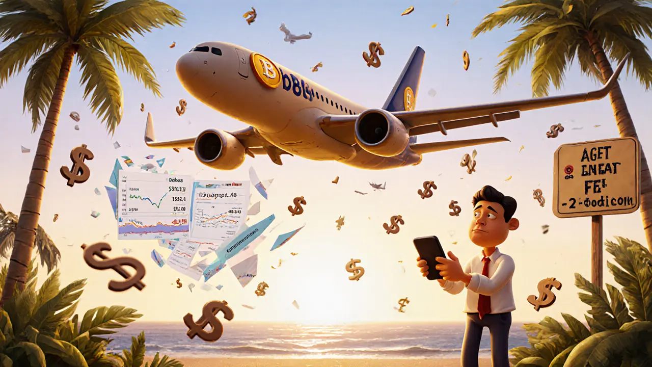 An international investor puzzled by conflicting BAon prices on their phone, with a Boeing plane overhead.