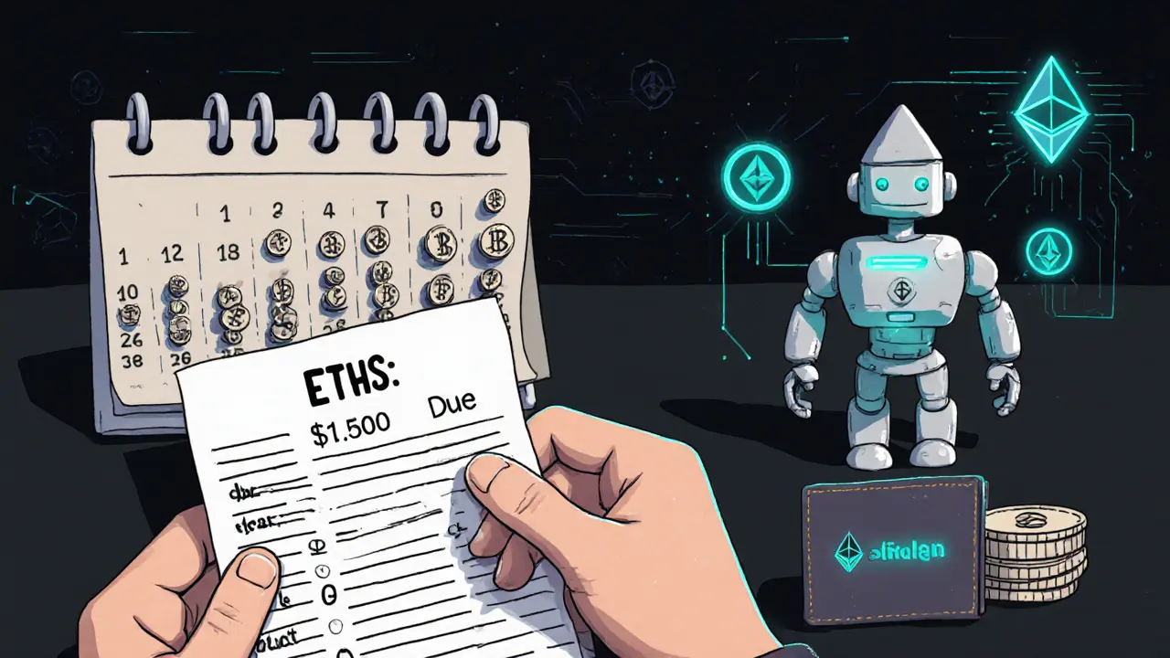 Clay calendar showing compounding ETH rewards and a tax form, with an AI validator switching stakes in the background.