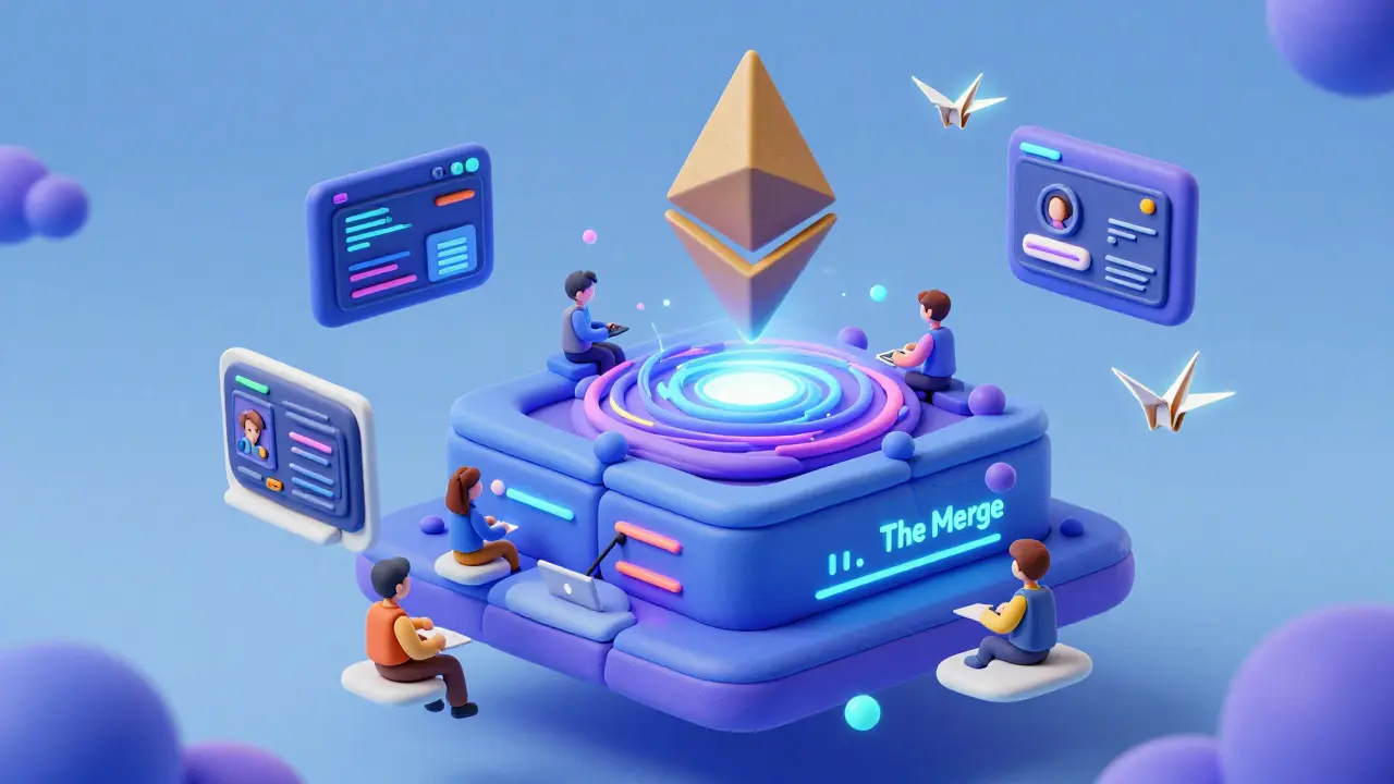 Clay Ethereum network as a floating computer with developers and smart contract cranes.