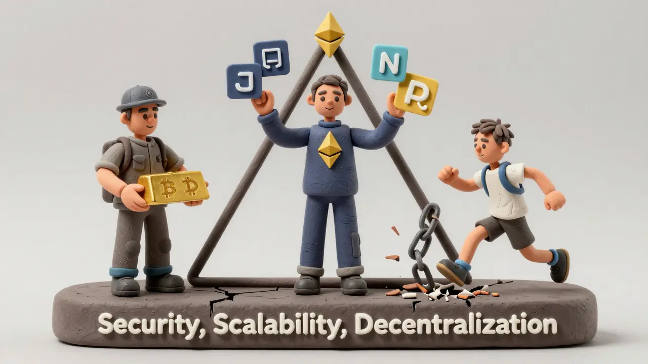Clay figures representing Bitcoin, Ethereum, and Solana at the blockchain trilemma triangle.