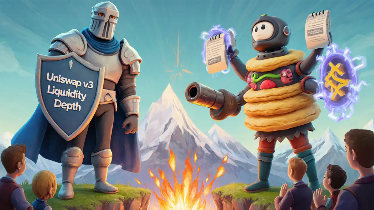 Clay-style battle between Uniswap knight and PancakeSwap sorcerer atop a blockchain mountain with gas fee spikes.