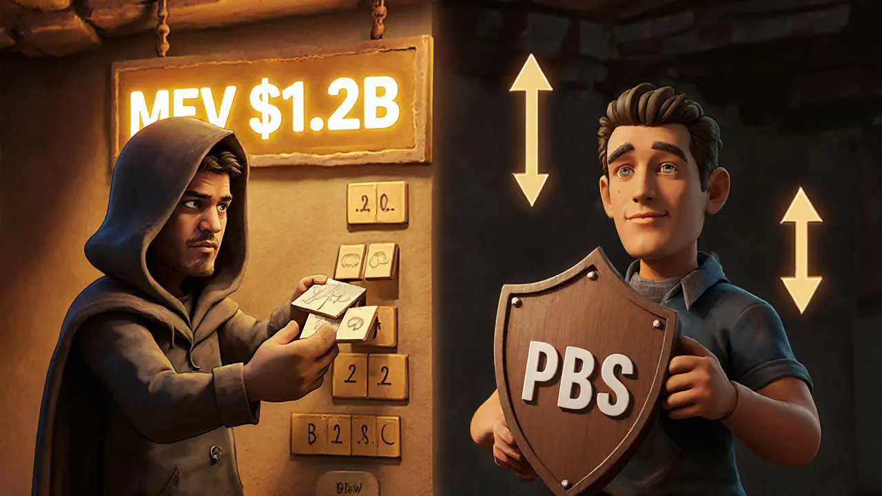 Clay-style scene showing a miner manipulating transactions for profit versus a validator protecting against manipulation with PBS.