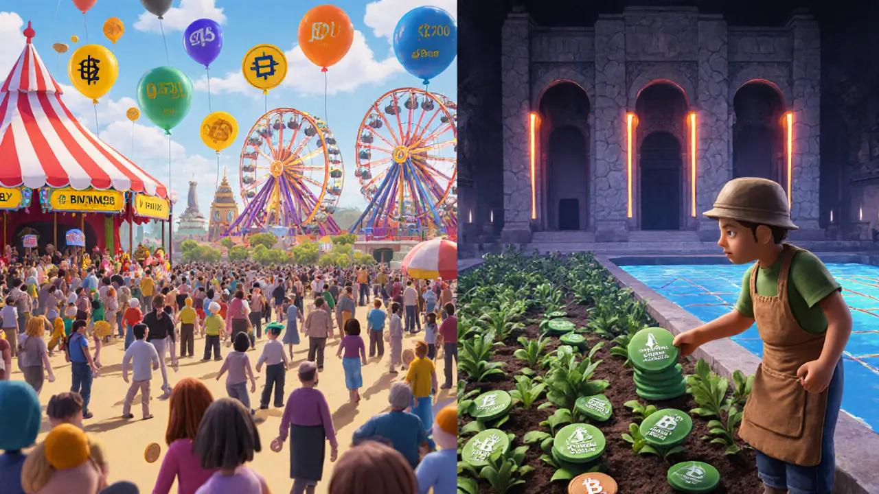 Clay-style split scene: chaotic BSC carnival vs calm Ethereum temple with a farmer tending a precision liquidity garden.