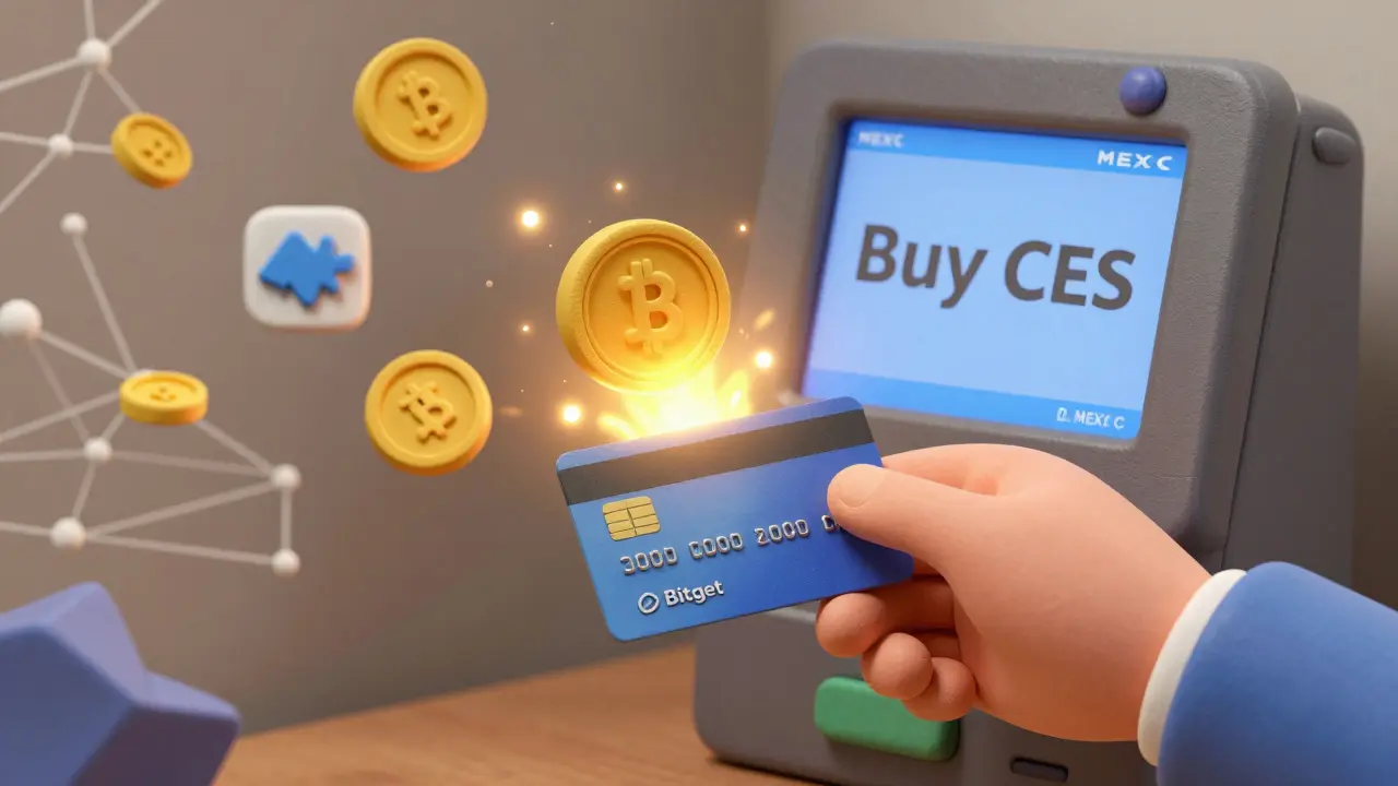 Hand buying CES tokens on a digital exchange with blockchain elements in clay style.