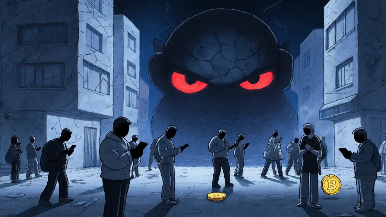 People secretly using crypto apps at night in Cairo, while a giant surveillance monitor watches overhead.