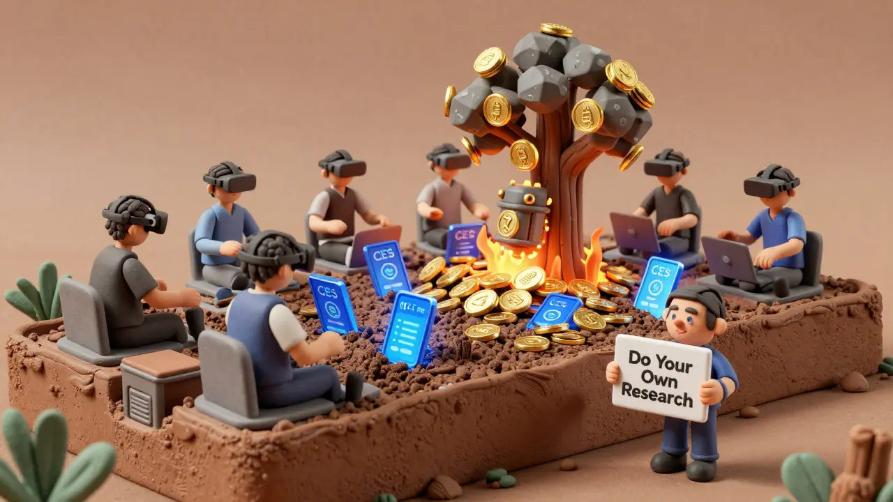 Players earning tokens in VR while CES burns above a blockchain tree in clay world.