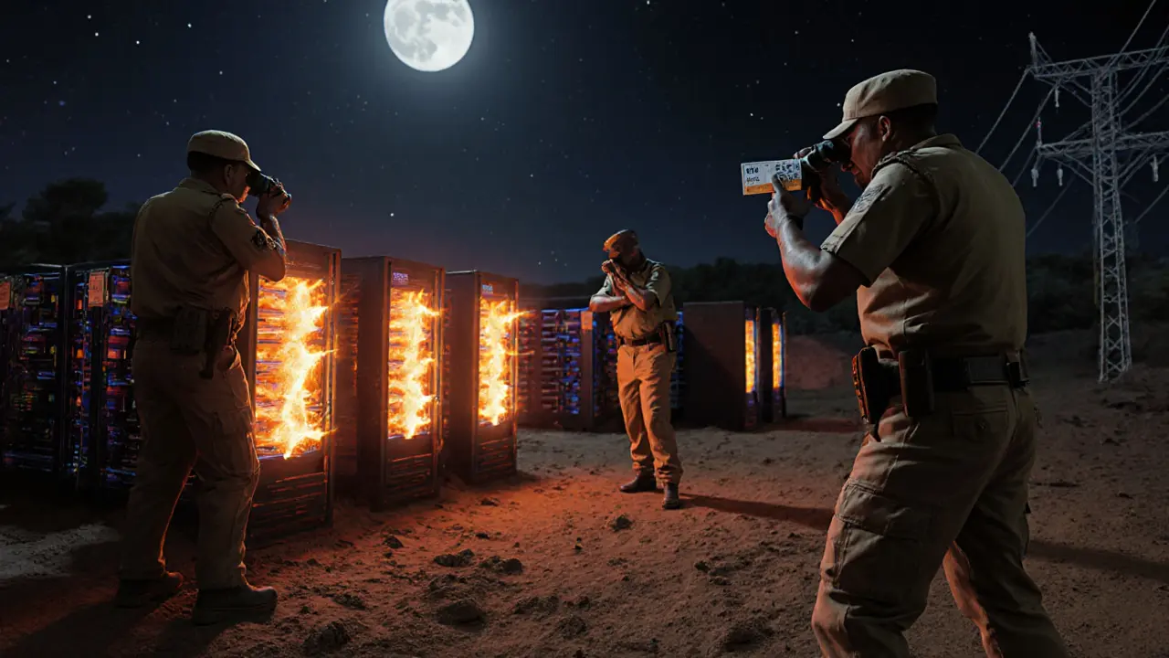 Police using thermal cameras to detect illegal crypto mining rigs at night, heat signatures glowing against shadowed machinery.