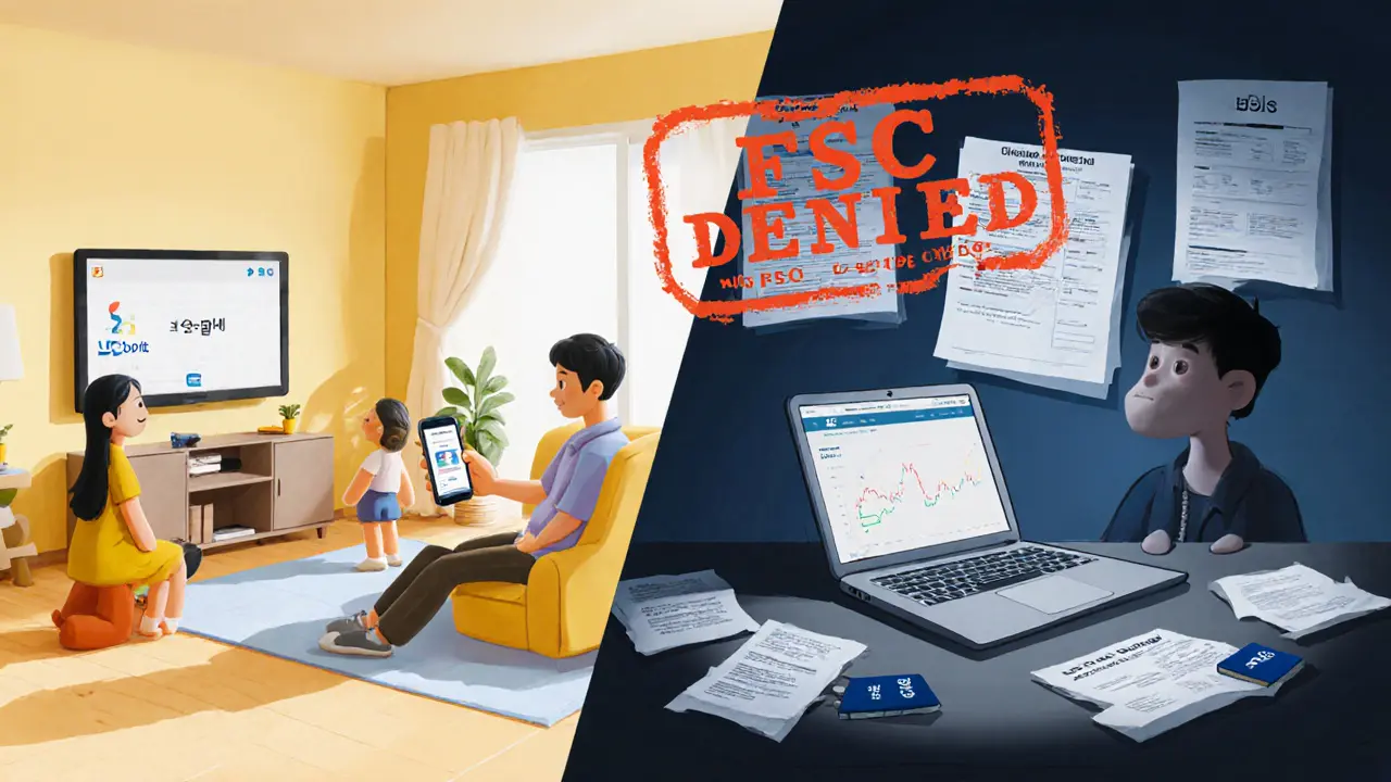 Split scene: Korean family using simple UPbit vs. lone trader struggling with BTCC&#039;s complex interface and tax paperwork.