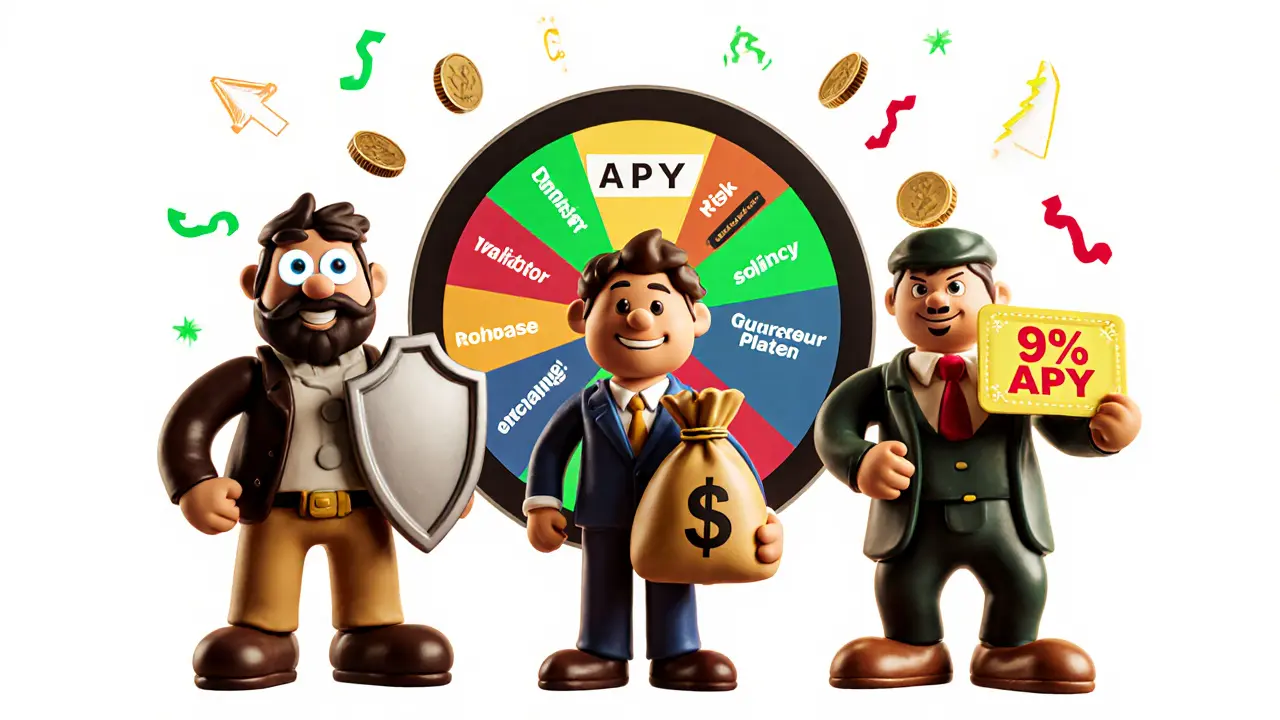 Three clay figurines representing different staking platforms with risk icons and a spinning APY wheel.