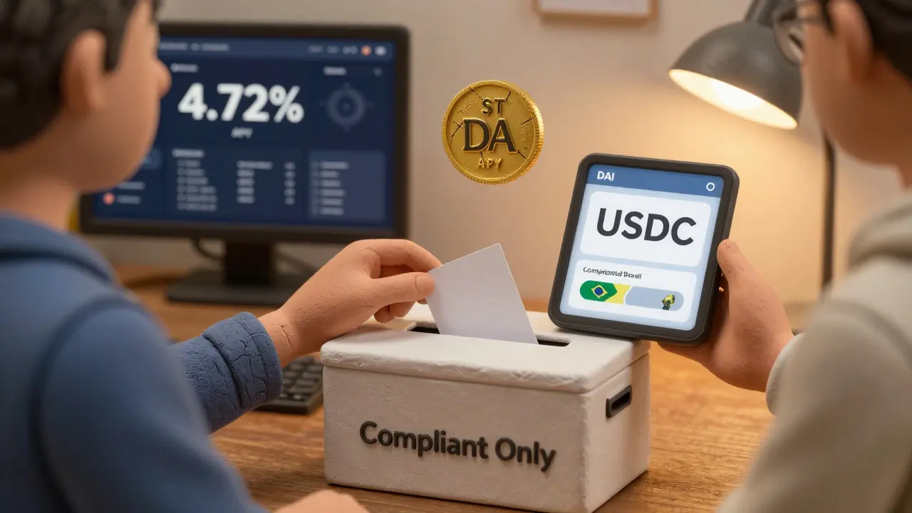 A business owner using USDT for international payments while depositing USDC into a compliant bank box, with DAI floating nearby.