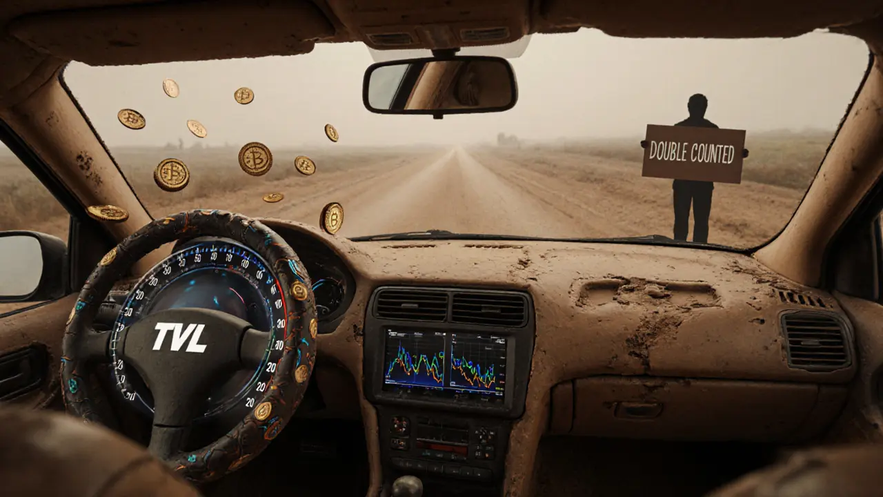 A car with a spinning TVL odometer, broken brakes, and crypto tires, under dim amber light.