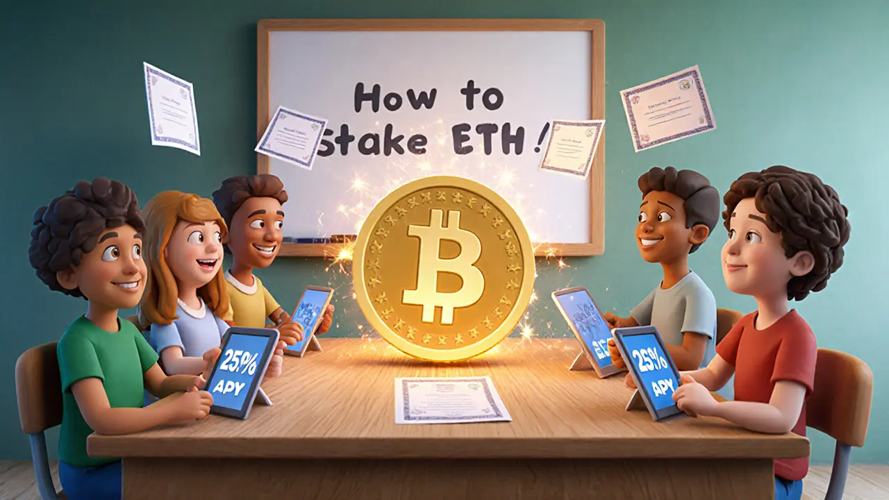 A diverse group learning crypto through Bit2Me Academy with certificates and a glowing B2M token.