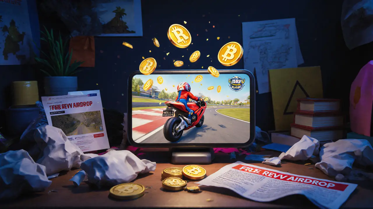 A gamer earning REVV tokens by racing in MotoGP™ Ignition, while fake airdrop scams lie discarded nearby.