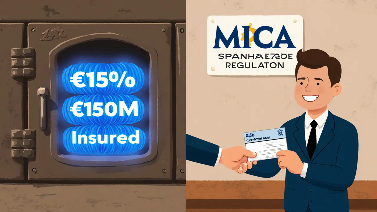 A secure crypto vault with insured storage next to a regulated financial office with MiCA certification.