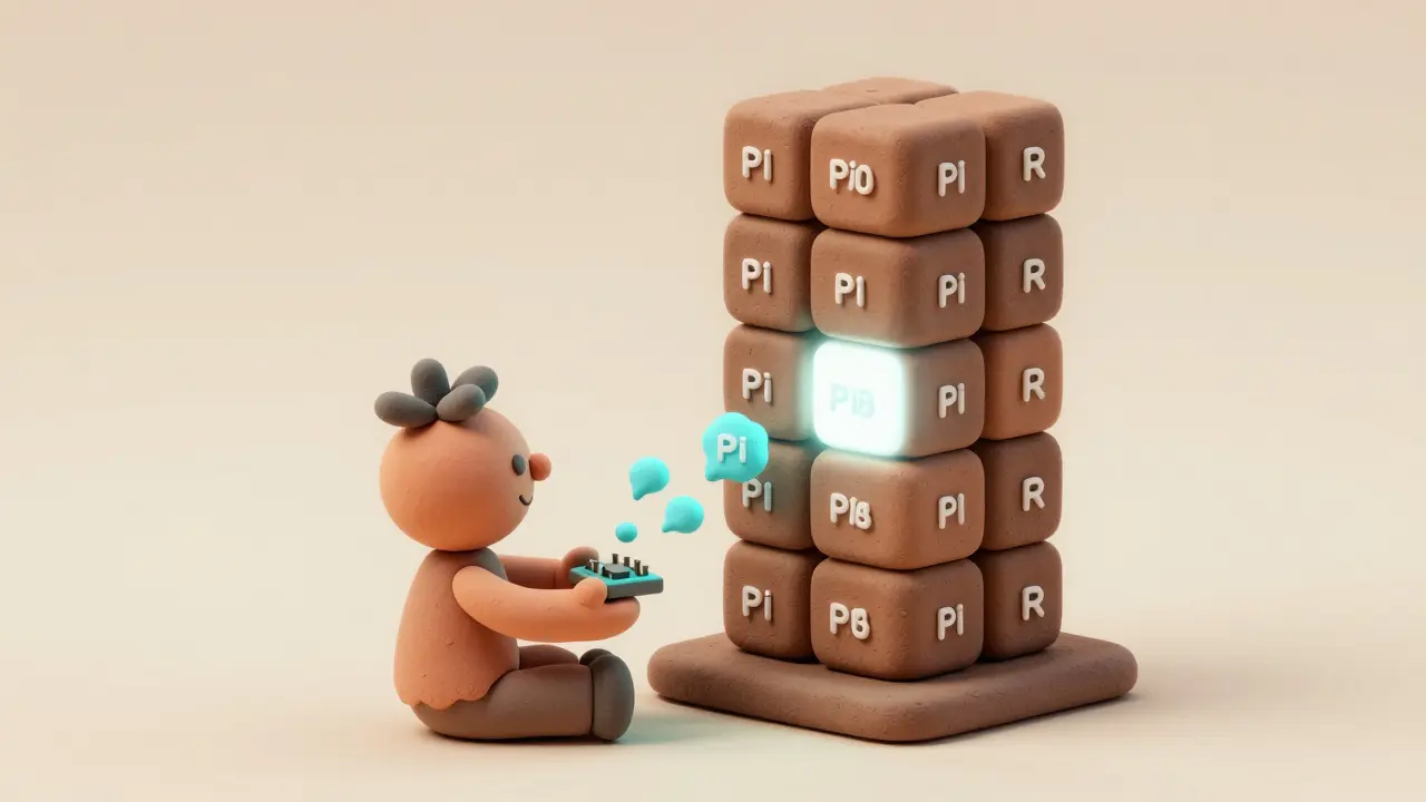 A small Raspberry Pi node receiving data blobs from a divided blockchain tower, symbolizing decentralized access.