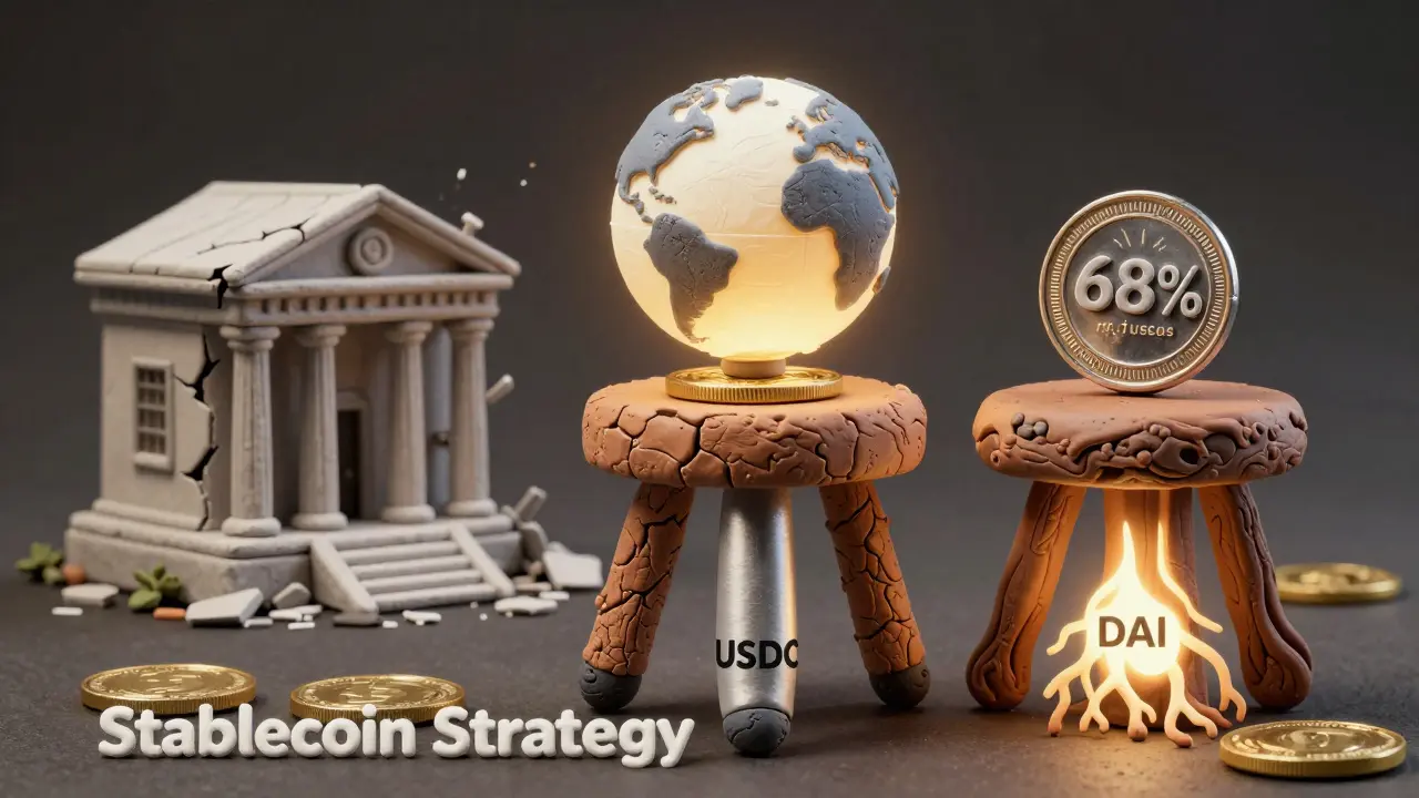 A three-legged stool made of USDT, USDC, and DAI supporting a globe, symbolizing multi-stablecoin strategy in a changing financial landscape.