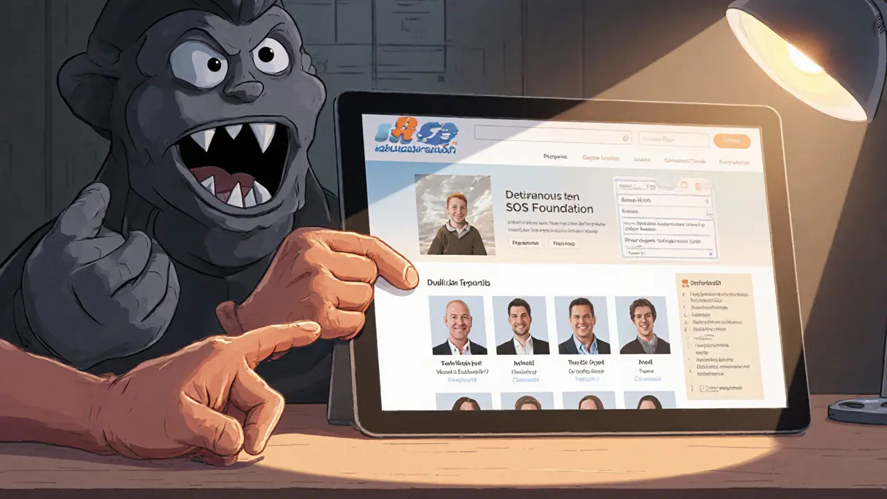 A verified crypto website on a tablet with official documents, contrasted against a shadowy fake site.