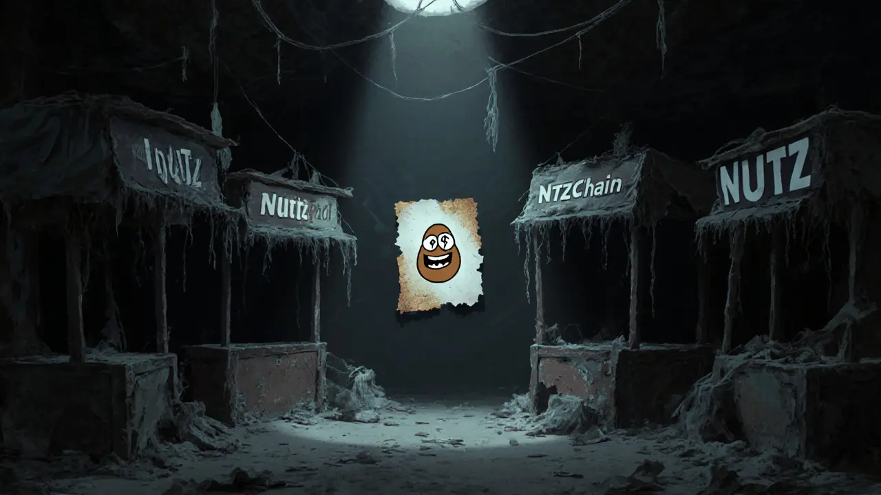 An abandoned crypto marketplace with decaying NUTZ stalls and a peeling meme poster.