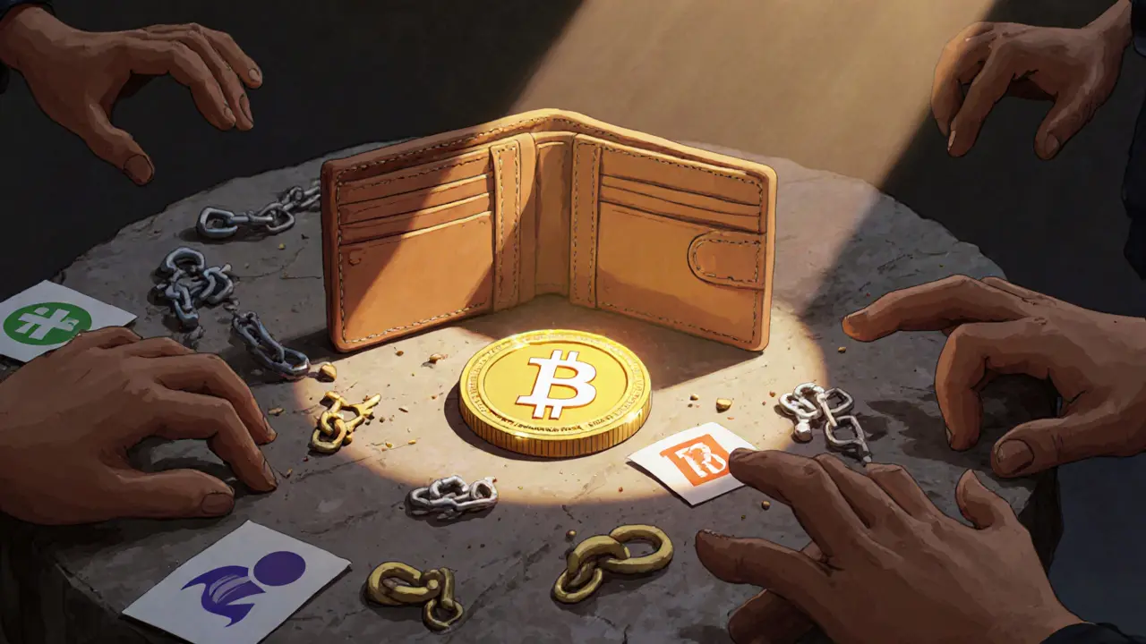 An empty wallet with one real SOS token glowing, surrounded by dissolving scam links in clay texture.