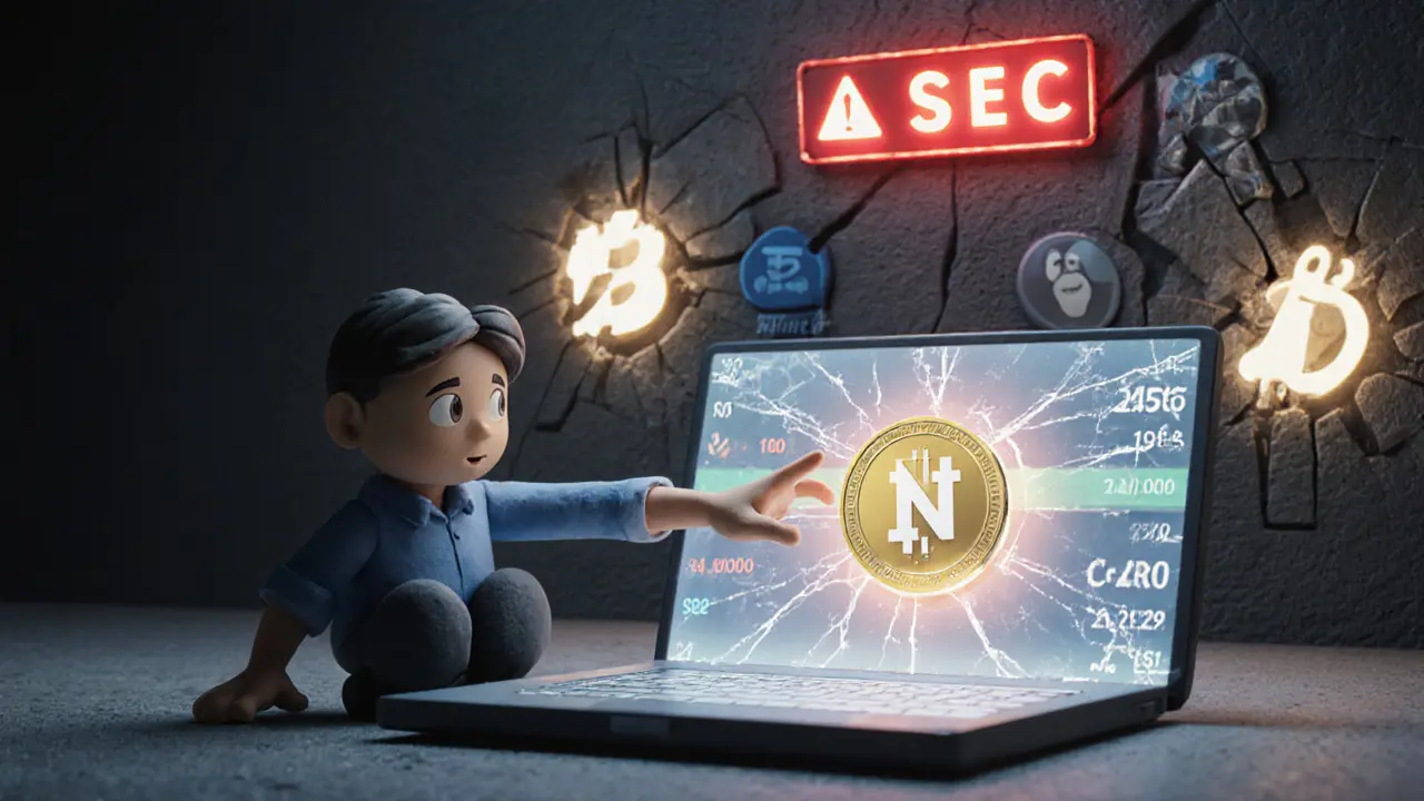 An investor reaching for a fading NUTZ token while surrounded by active crypto logos and a warning sign.