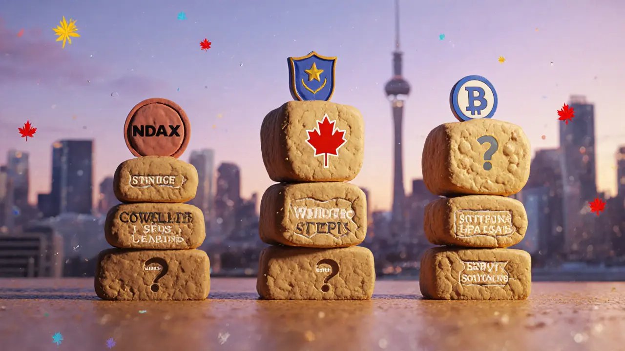 Clay-block comparison of Canadian crypto exchanges, with NDAX leading in security and features.
