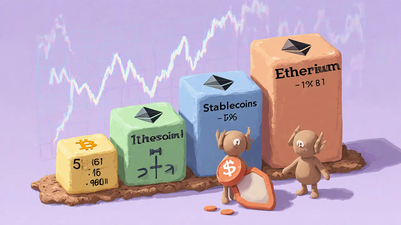 Clay portfolio blocks sized by crypto allocation, stop-loss shield protecting small altcoin.