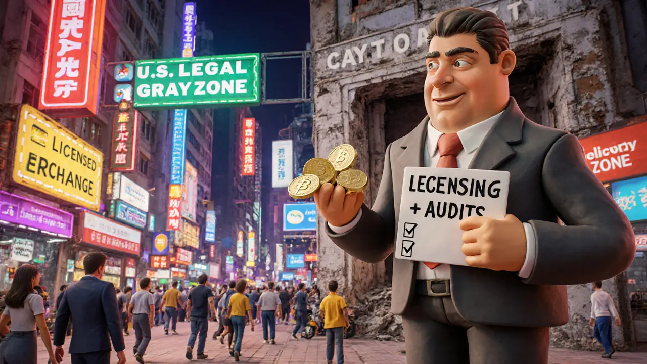 Crypto firms moving into Hong Kong under licensing signs, contrasted with a crumbling U.S. legal zone.