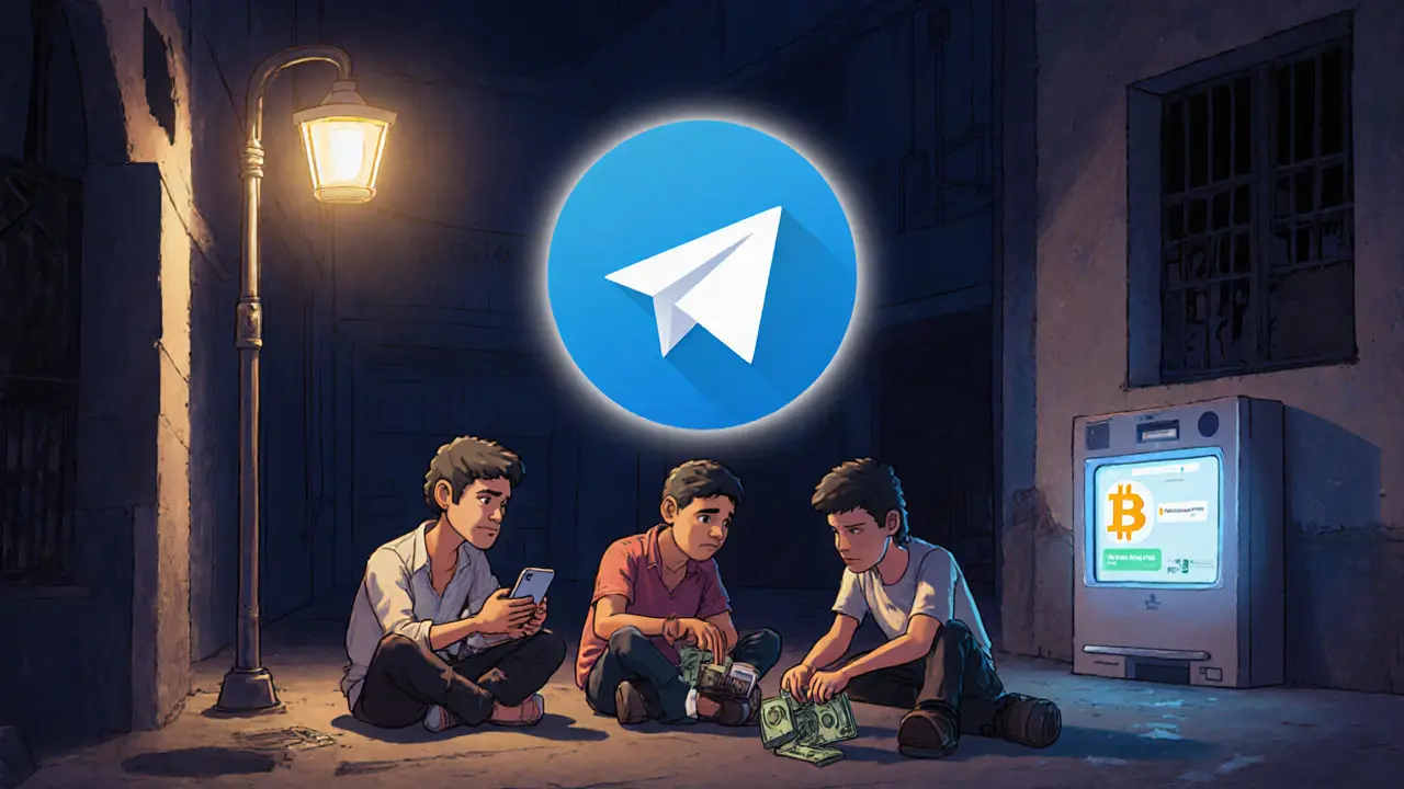 Egyptians secretly trading Bitcoin with cash in a dark alley, with a watchful CBE logo above and blockchain scanner nearby.