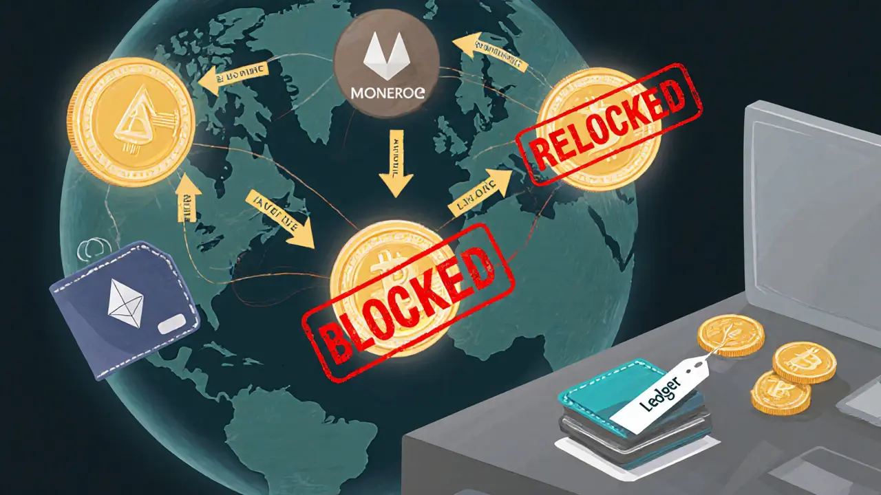 Global crypto transactions flagged by FATF rules, with privacy coins blocked and a hardware wallet labeled &#039;REPORTED&#039;.