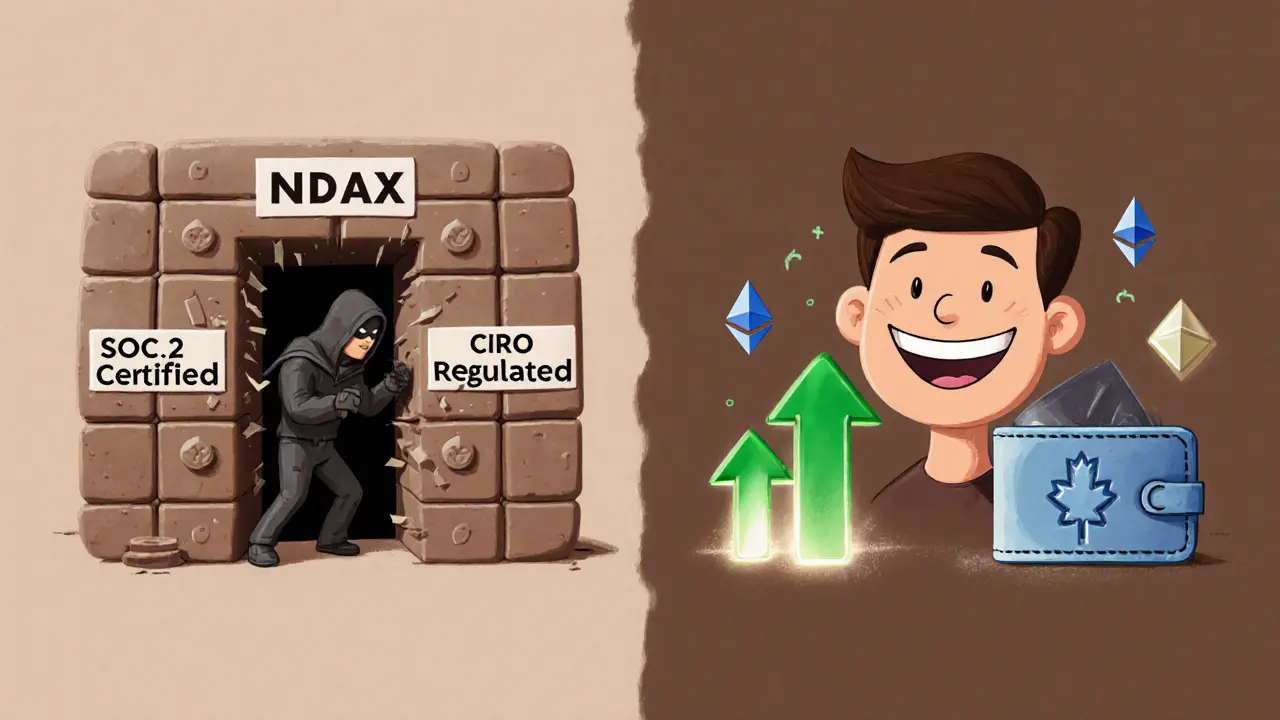 Hacker blocked from NDAX vault by regulatory safeguards while user safely stakes crypto.