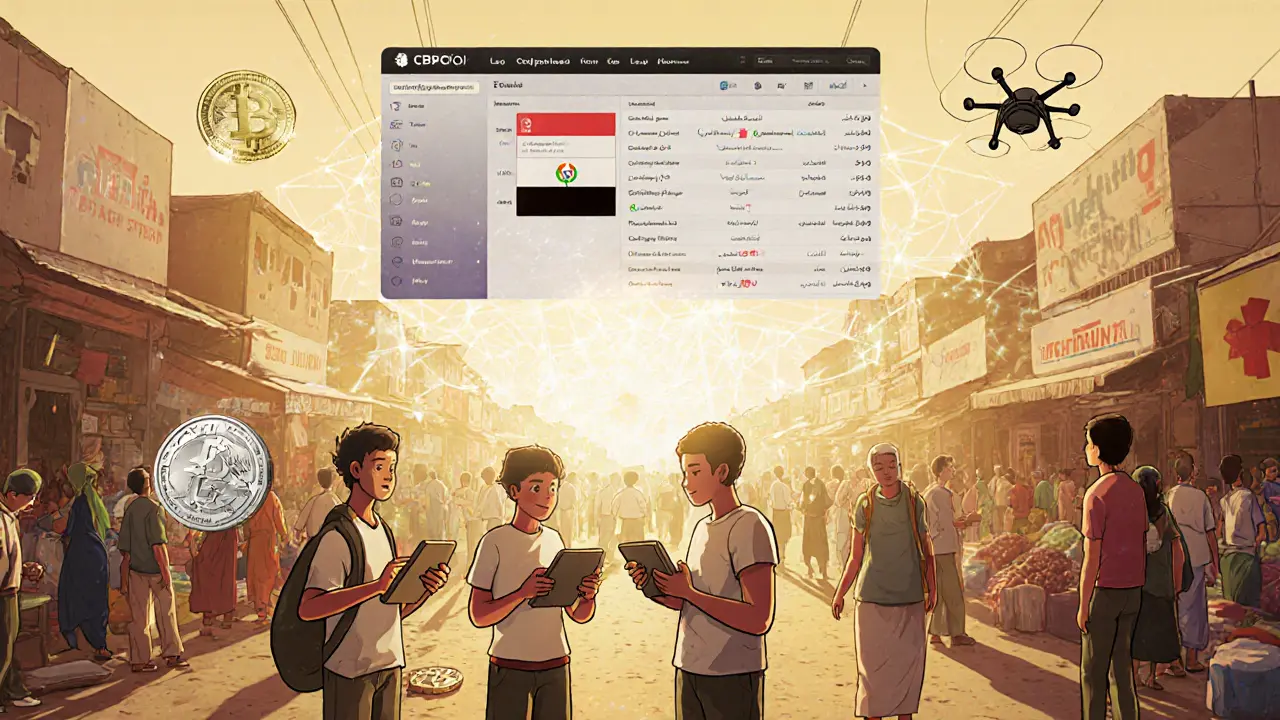 People using a government digital currency app in a market, while discarded crypto coins lie nearby and a blockchain drone delivers medicine.