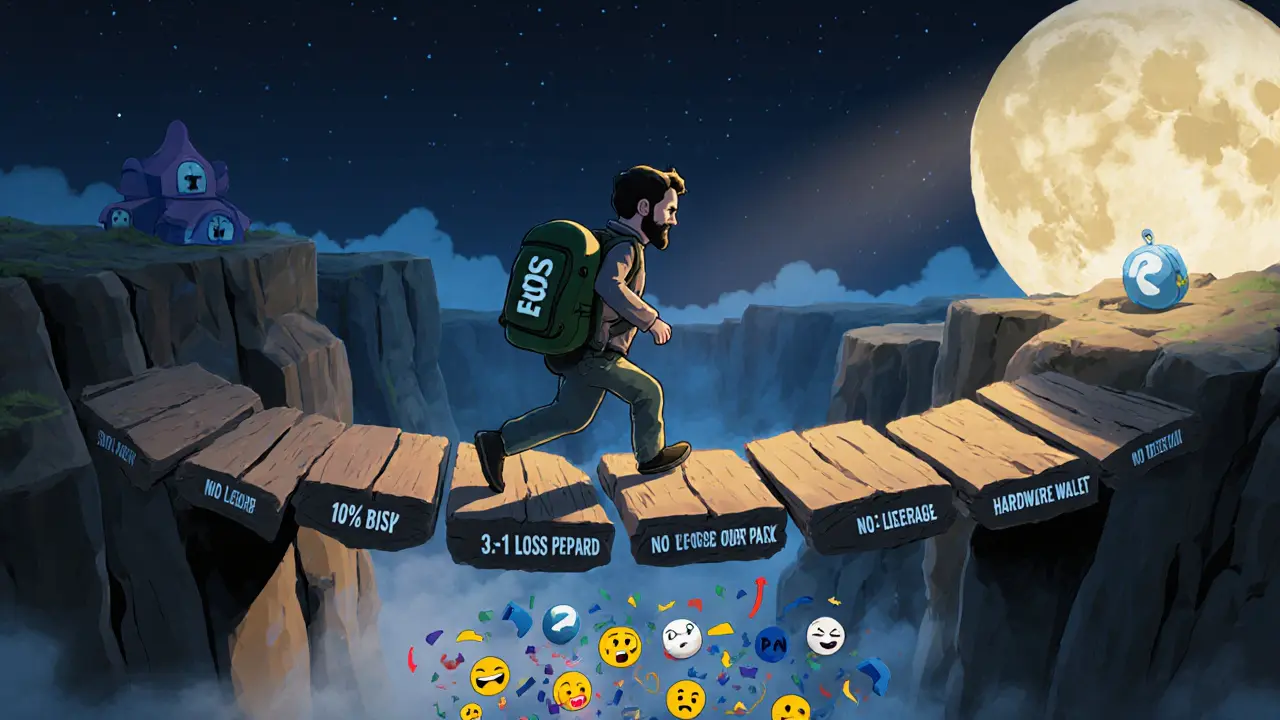 Trader crossing bridge of risk management rules above a chasm of crypto dangers.