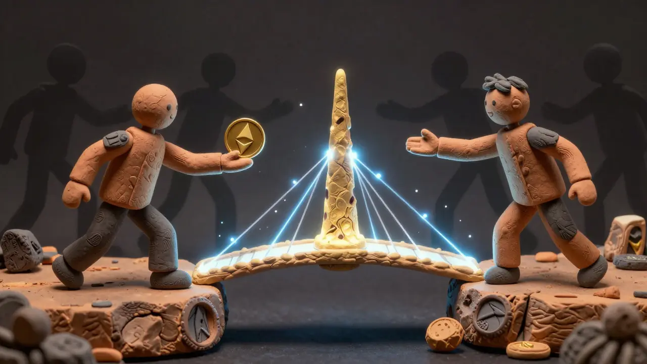 Two figures exchanging ETH across shards via a beacon-anchored bridge, with verification particles repelling attackers.