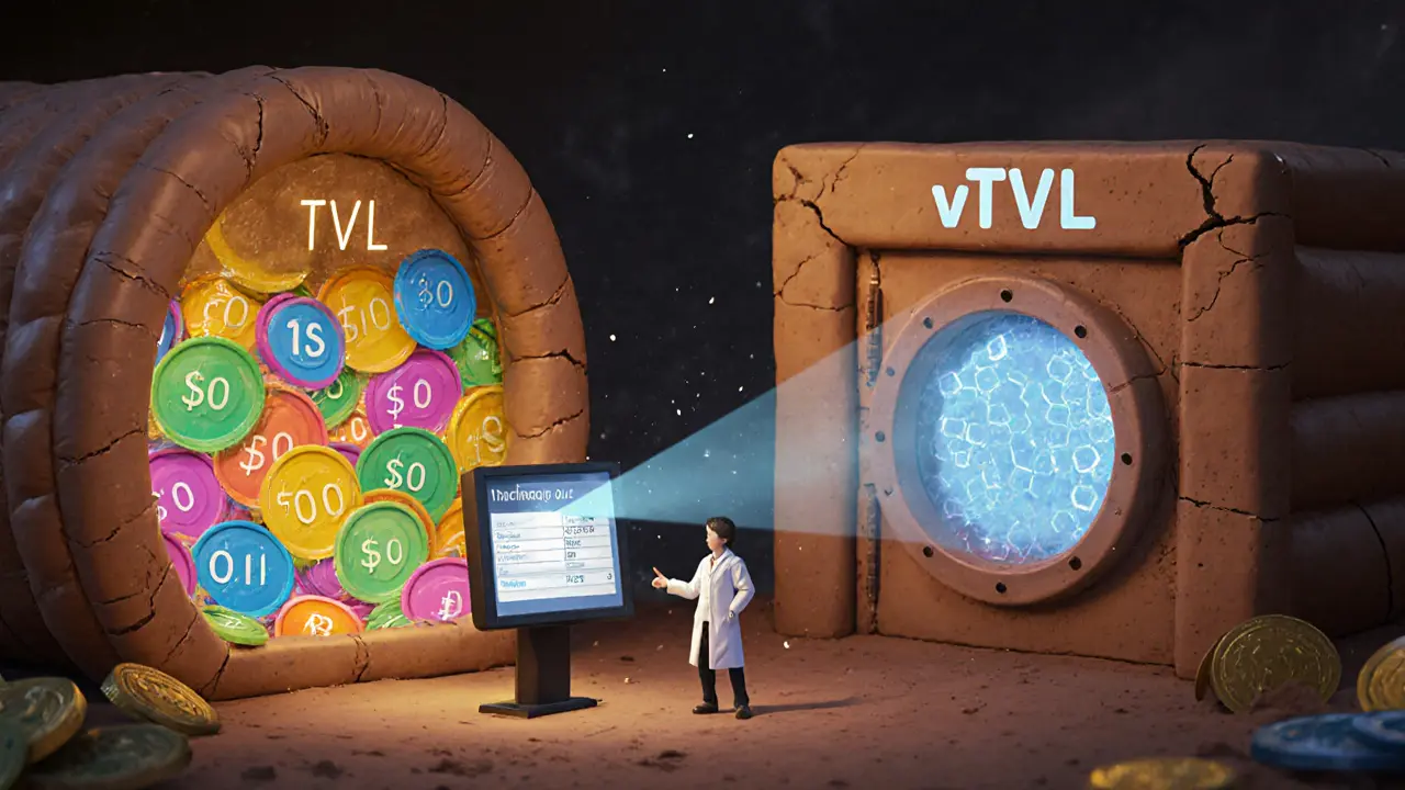 Two vaults side by side: one inflated with low-value tokens, the other modest and verified with on-chain data.