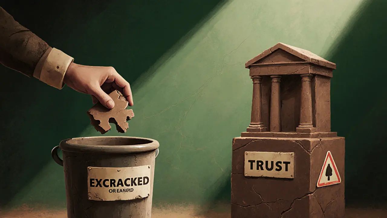 A crumbling exchange being thrown into trash while a trusted one stands tall.