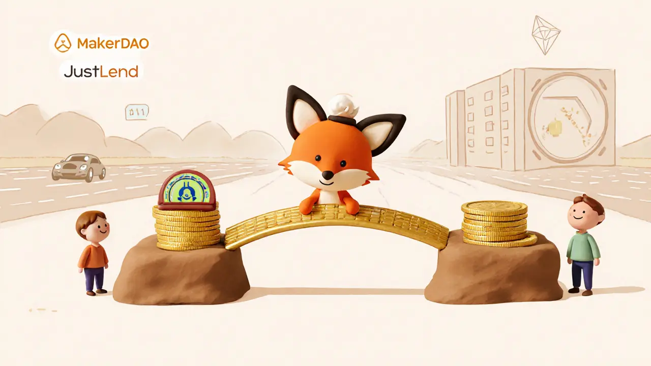 A fox connects Aave and Compound with golden yield bridges while users earn more interest.