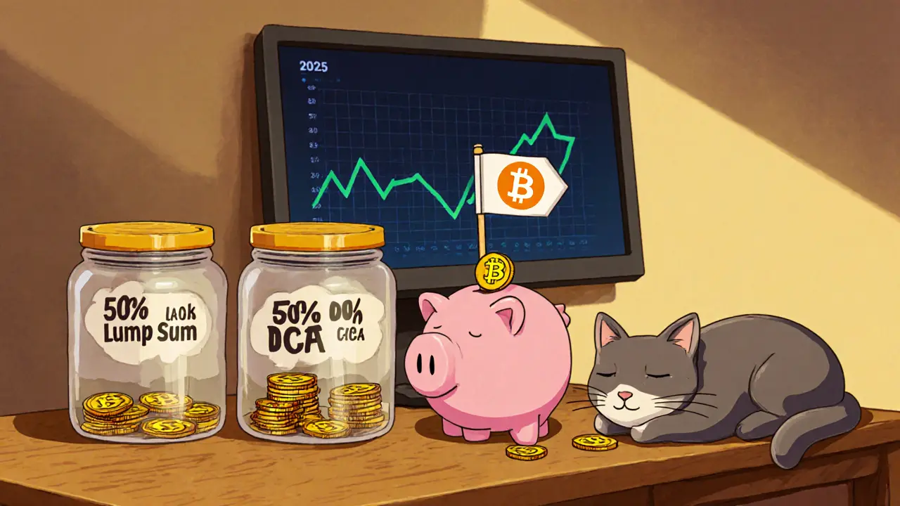 A hybrid crypto investor using two jars for lump sum and DCA, with a calm scene and weekly coin deposits in clay style.