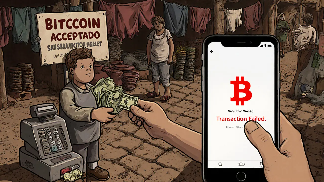 A market vendor accepts cash while a Chivo app shows an error, despite a Bitcoin acceptance sign.