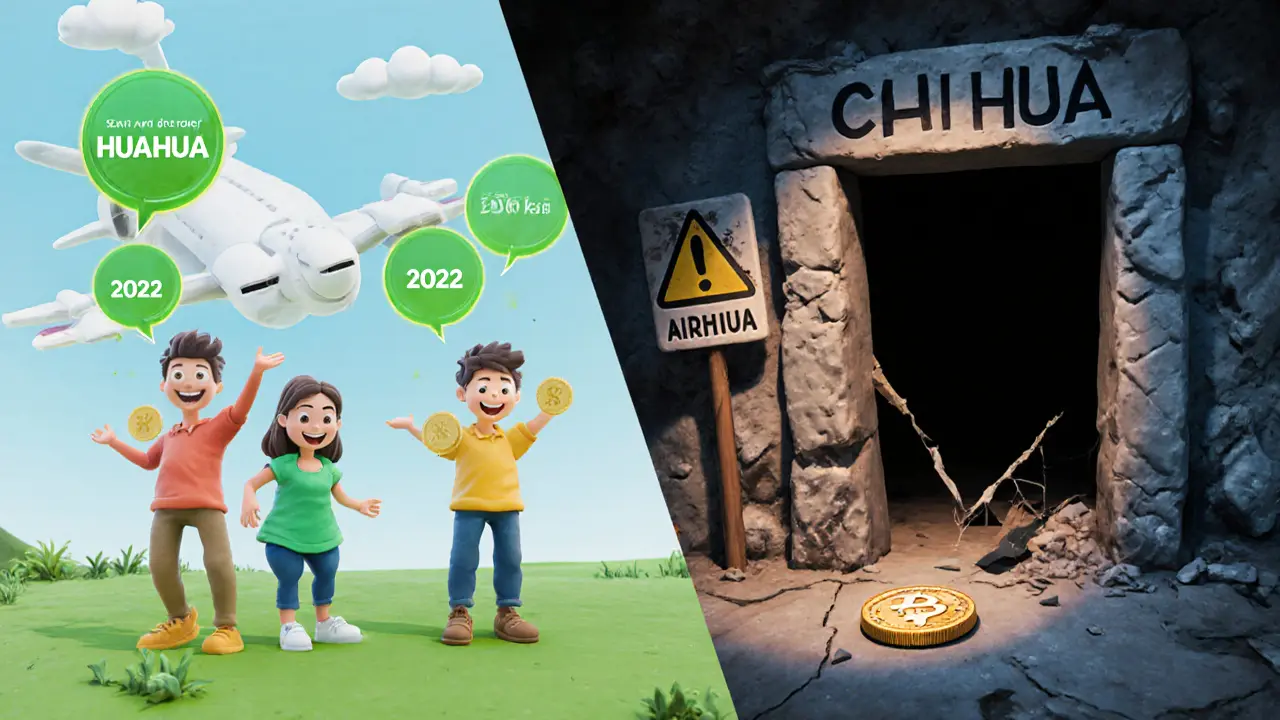 A split scene: real HUAHUA airdrop on the left, empty CHIHUA portal on the right with a cracked token.