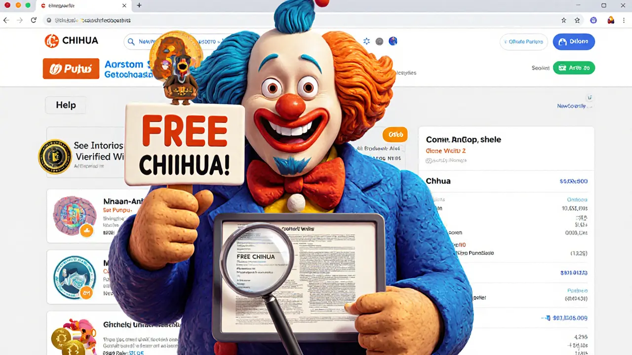 A user examines a CHIHUA token contract while a scammer points to a trapdoor labeled &#039;Connect Wallet&#039;.