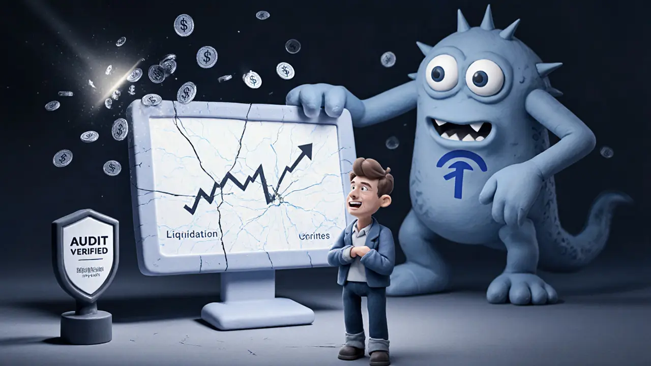 An investor watching ETH collateral drop as a liquidation monster looms, with gas fees falling like rain.