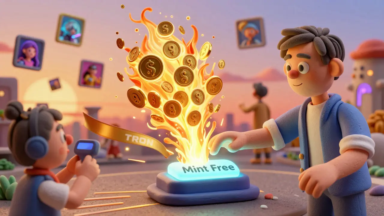 Artist minting an NFT as tokens burn in golden swirls above a TRON blockchain.