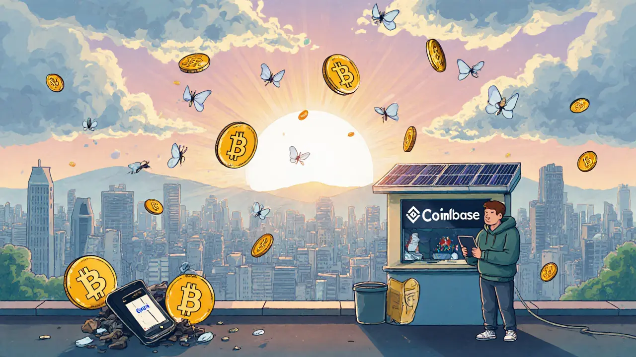 Digital coins float over El Salvador as new crypto services rise, while Chivo is discarded.