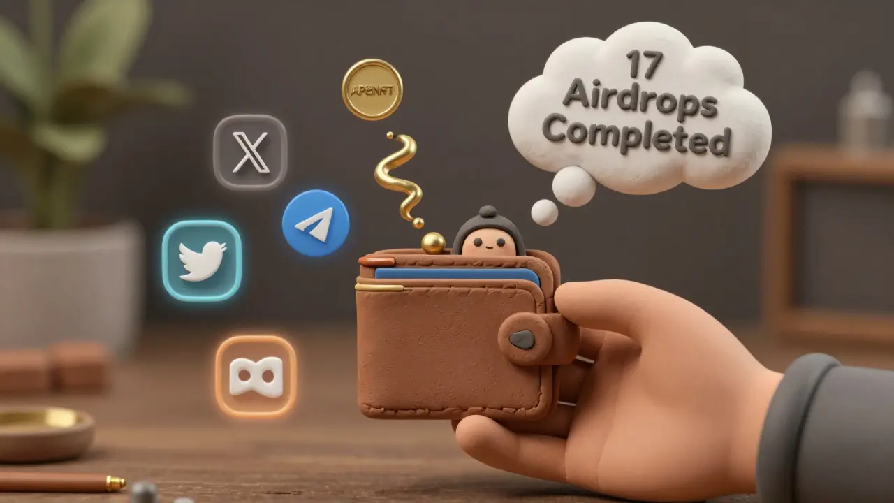 Hand holding a clay TRON wallet with social media icons and spiraling APENFT tokens.