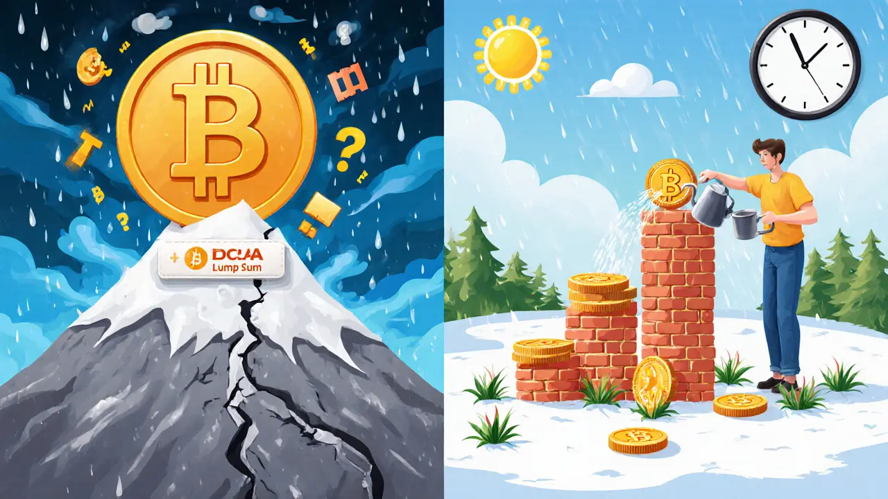 Two crypto portfolios side by side: one crumbling under stress, the other steadily growing like a garden, in clay illustration style.